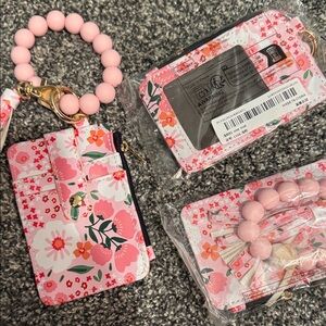 Floral Pink Card Holder with Beaded Keychain